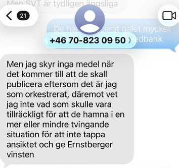 SMS från ”Affärsmannen” (+46 70-823 09 50) till Jan Söderqvist om att han orkestrerat publiceringen